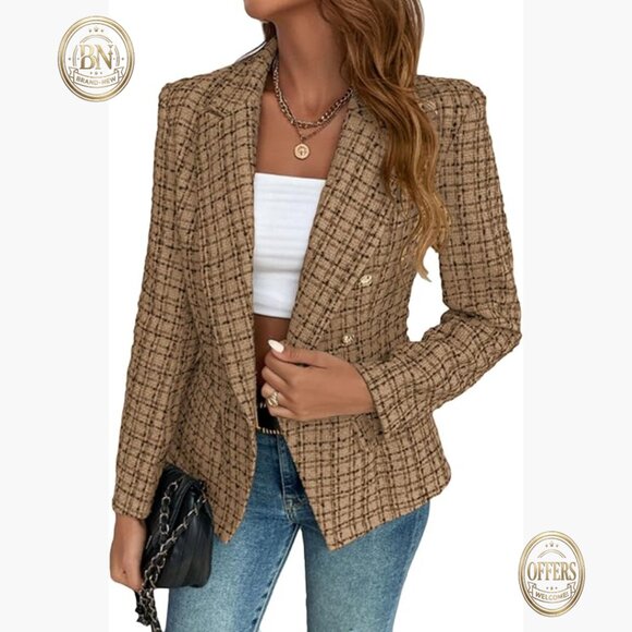 Polyester Blend Tweed Plaid Blazer Jacket Double Breasted Fully Lined